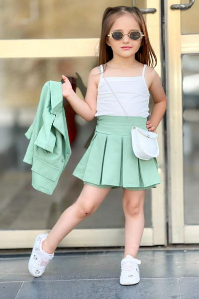 BEREKET BABY Girl's Stylish Short Sleeve Blazer Jacket with Pleated Skirt 3 Piece Suit 3-12 Years