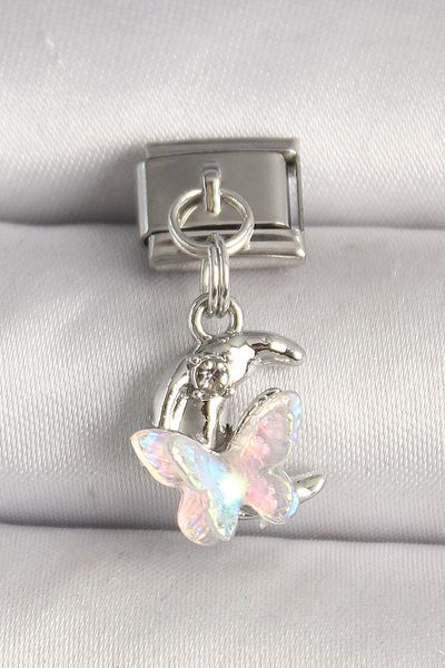 Skygo 316L Steel Silver Color Zircon Stone Crescent White Enamel Butterfly Model Nomintaion Charm - Tj-Bc1290