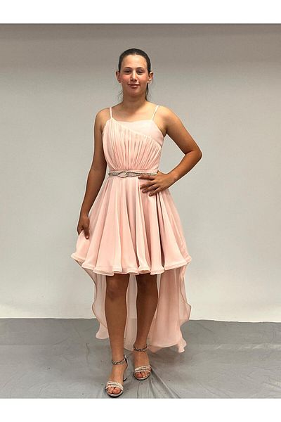 BUTİKHAPPYKİDS Girl's Evening Dress with Straps, Powder Tail, Chiffon Drape and Stone Detailed Evening Dress 10-15 Years