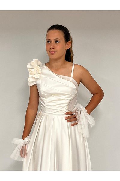 BUTİKHAPPYKİDS Girl's Evening Dress Satin Cream One Shoulder Flounce Tulle and Stone Detailed Evening Dress with Gloves 10-15 Years