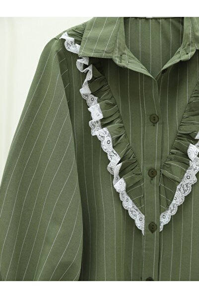 Modamorfo Buttoned Front Ruffled Striped Shirt - Khaki