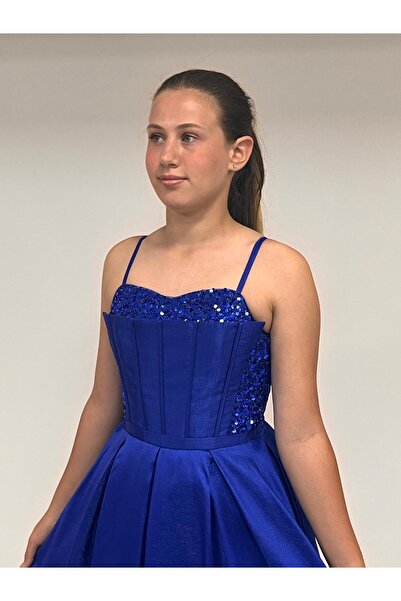 BUTİKHAPPYKİDS Kız Çocuk Abiye Saks Mavi Tafta Uzun Pül Payet İşlemeli Biyeli Korseli Abiye Elbise 10-15 Yaş