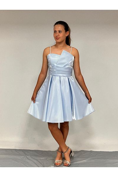 BUTİKHAPPYKİDS Βραδινό φόρεμα για κορίτσια με λουράκι Κοντό Baby Blue Ασύμμετρος γιακάς Κορδόνι Πέτρινο λουράκι Kanilla Βραδινό Φόρεμα10-15