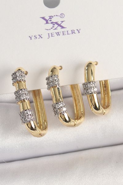 Skygo Brass Gold Color 3-Piece Hoop Model Silver Zircon Stone Detailed Women's Combination Earrings - Tj-Bkp10472