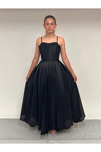 BUTİKHAPPYKİDS Girl's Evening Dress Black Taffeta Long Sequin Sequin Embroidered Ribbed Corset Evening Dress 10-15 Years