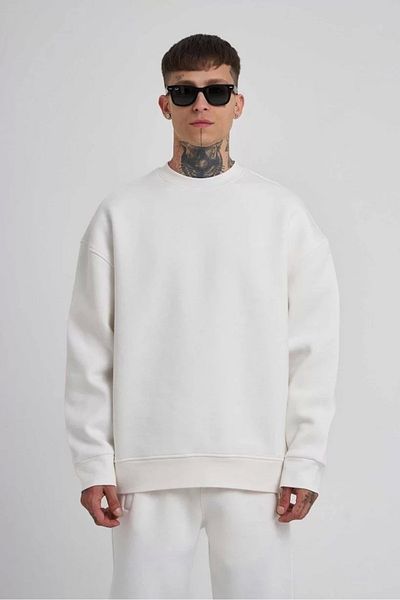 Bay Şapkacı Unisex Crew Neck Three Thread Sweatshirt - White
