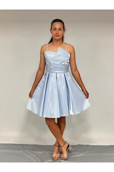 BUTİKHAPPYKİDS Βραδινό φόρεμα για κορίτσια με λουράκι Κοντό Baby Blue Ασύμμετρος γιακάς Κορδόνι Πέτρινο λουράκι Kanilla Βραδινό Φόρεμα10-15