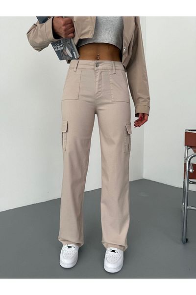 Wearflawless Women's Cargo Pocket Gabardine Fabric High Waist Trousers
