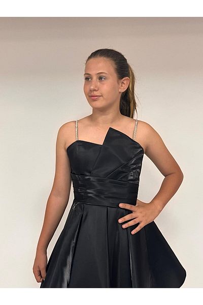 BUTİKHAPPYKİDS Girl's Evening Dress with Straps Short Black Asymmetrical Collar Cord Stone Strap Kanilla Evening Dress 10-15 Years