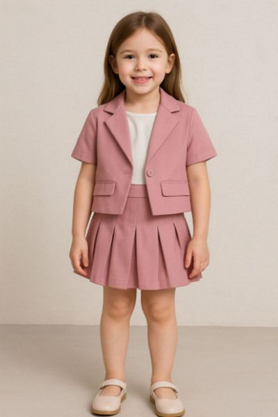 BEREKET BABY Girl's Stylish Short Sleeve Blazer Jacket with Pleated Skirt 3 Piece Suit 3-12 Years