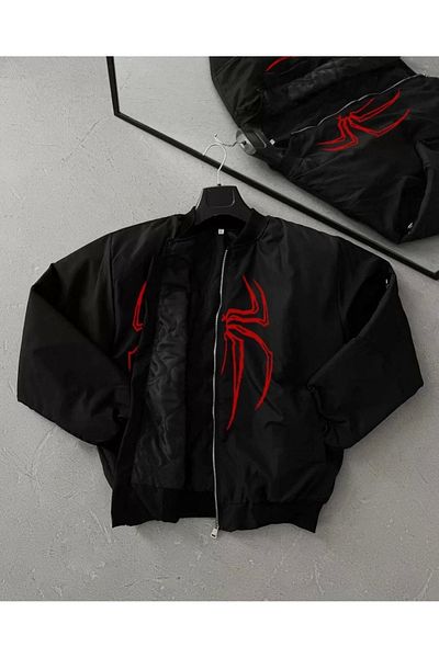 MODA Unisex Long Sleeve Spider Printed Bomber Jacket - Black