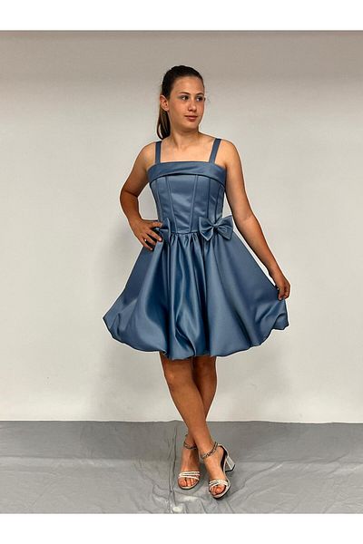 BUTİKHAPPYKİDS Girl's Evening Dress Indigo Strap Balloon Skirt Removable Bow Detailed Short Evening Dress 10-15 Years