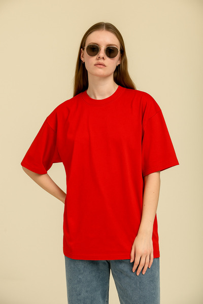 GUARAZ Women's Red Oversize Crew Neck 100% Cotton Plain Basic Summer T-Shirt