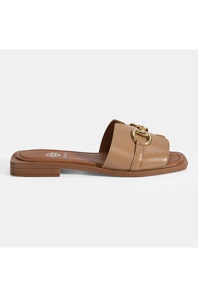 Desa Women's Tan Leather Slippers with Metal Buckle Accessories