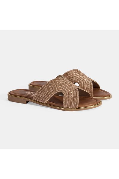 Desa Women's Gold Stone Detailed Leather Slippers