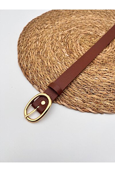 Descoin حزام نسائي بإبزيم ذهبي بيضاوي أسمر، حزام بنطلونات، حزام سترة، حزام قميص