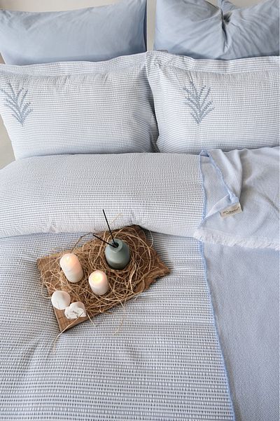 İyi Geceler İstanbul Maribell 100% Cotton Double Pique Duvet Cover Set Blue (7 Pieces)