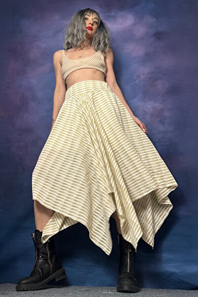 Quincey Silvery Knitwear Asymmetric Striped Beige Skirt