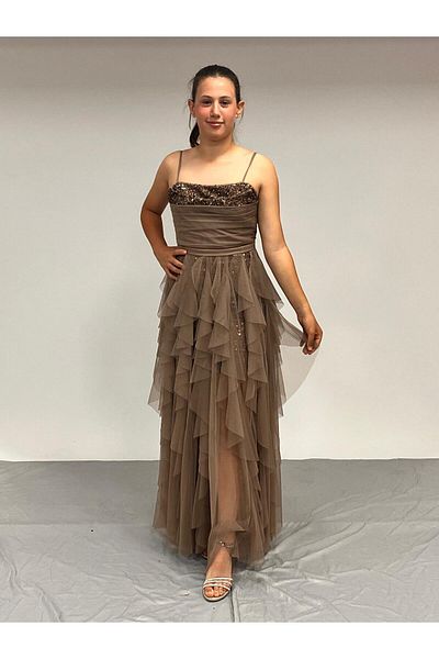 BUTİKHAPPYKİDS Girl's Evening Dress Bronze Short Mini Sequins Sequined Embroidered Tulle Layered Evening Dress with Wavy Skirt 10-14