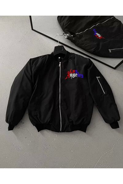 MODA Full Zippered Long Sleeve Printed Bomber Jacket - Black
