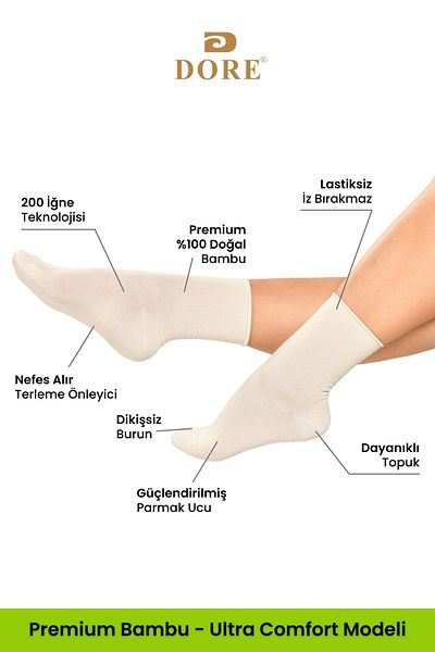 Dore Original Women's 3 Pairs Premium Soft Comfort Model Elasticless & Seamless Bamboo Socket Socks Ecru