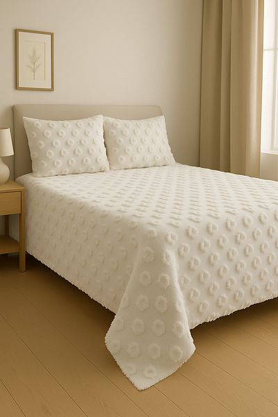 WorthWhile Nora Double Bed Cover Set 240X260 |   Ecru Chenille Fabric, Ring Pattern, Soft Textured