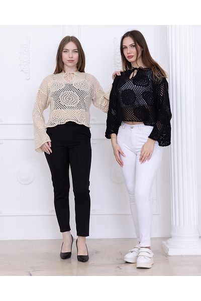 Ugdelia Bluză cu model cu șireturi, ajurata, perforată, sezonieră, pentru femei, tricotaje pentru femei, pulover H001