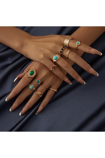 Takıtolia Myst Gold - Stylish Ethnic Design Vintage Multiple Gold Ring Set with 12 Colorful Green Stones