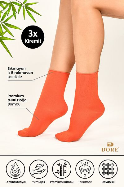 Dore Original Women's 3 Pairs Premium Soft Comfort Model Elasticless & Seamless Bamboo Socket Socks Tile