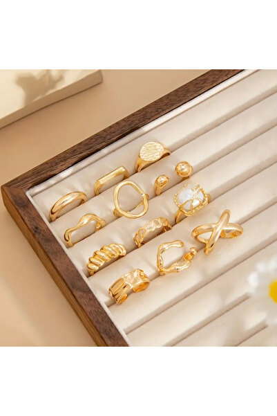 Takıtolia Luxor Gold 12 Adet İncili Fransız Tasarım Barok Tarz Vintage Çoklu Ayarlanabilir Altın Yüzük Seti