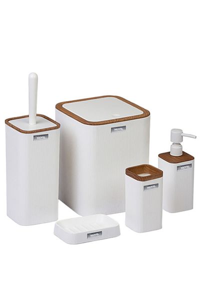 NIOVEL Set accesorii baie 5 piese MKB3,perie wc,cos gunoi,dispenser sapun,suport periute,suport sapun,Alb