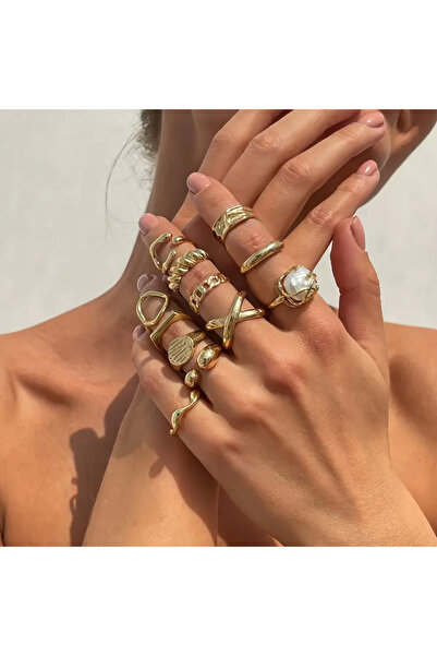 Takıtolia Luxor Gold 12 Adet İncili Fransız Tasarım Barok Tarz Vintage Çoklu Ayarlanabilir Altın Yüzük Seti
