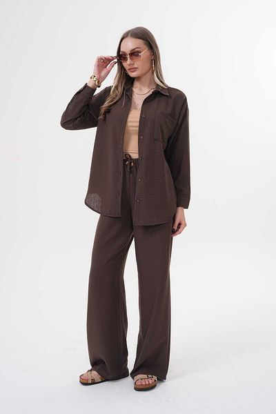 H&A İSTANBUL Women's Oversize Linen Blend Suit Shirt & Wide Leg Pants