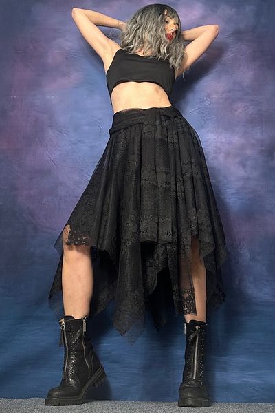 Quincey Asymmetric Skirt with Tulle and Lace Detail
