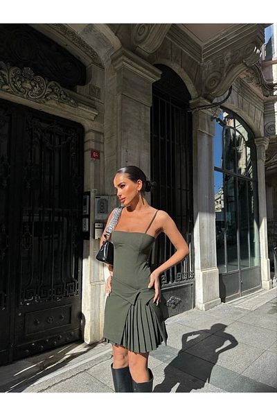 SA Alişveriş Dünyam Rochie mini pentru femei cu bretele plisate din două piese - kaki