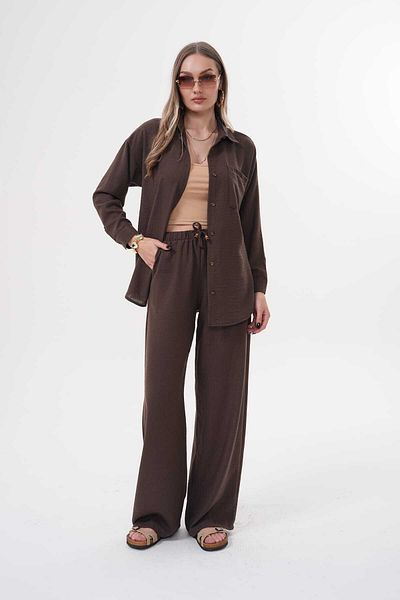 H&A İSTANBUL Women's Oversize Linen Blend Suit Shirt & Wide Leg Pants
