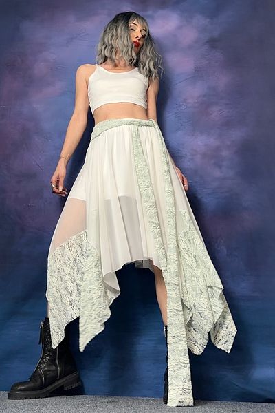 Quincey Asymmetric Blue Ecru Lace Detail Skirt