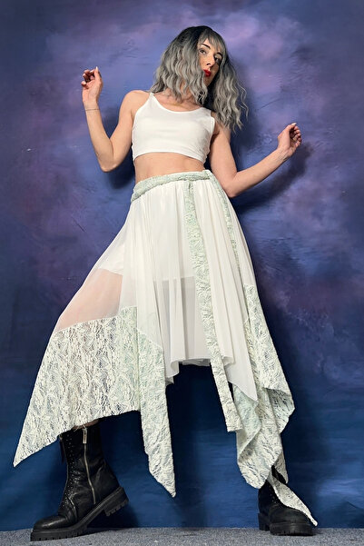 Quincey Asymmetric Blue Ecru Lace Detail Skirt