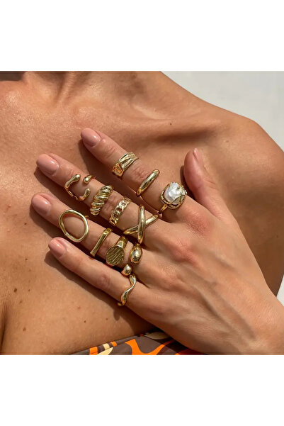 Takıtolia Luxor Gold 12 Adet İncili Fransız Tasarım Barok Tarz Vintage Çoklu Ayarlanabilir Altın Yüzük Seti