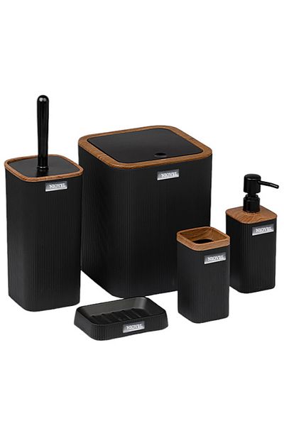 NIOVEL Set accesorii baie 5 piese MKS3, perie wc, cos gunoi, dispenser sapun, suport periute, Negru
