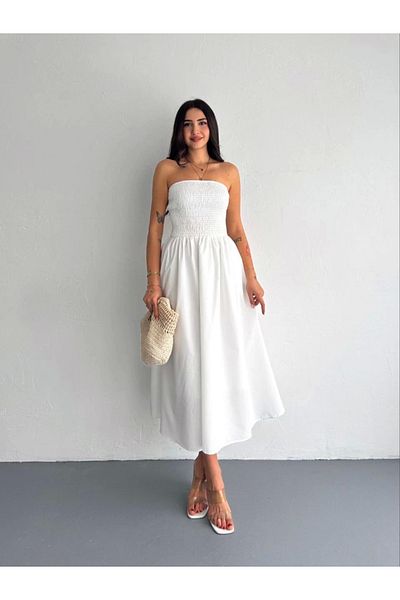 MODA Strapless Pleated Dress - White