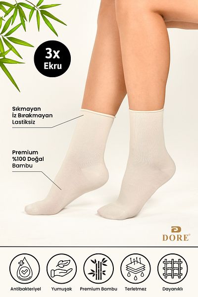 Dore Original Women's 3 Pairs Premium Soft Comfort Model Elasticless & Seamless Bamboo Socket Socks Ecru