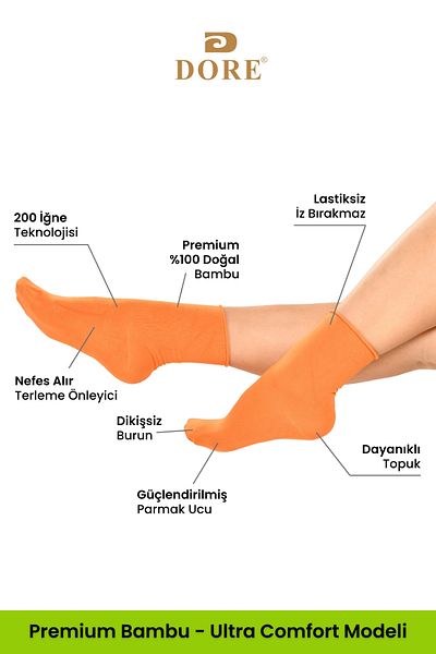 Dore Original Women's 3 Pairs Premium Soft Comfort Model Elasticless & Seamless Bamboo Socket Socks Orange