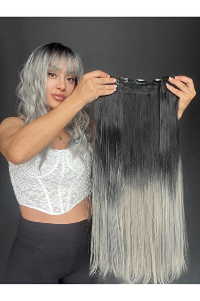 Suzan Peruk Düz Yarımay+2 yan Çıtçıt Tam set -Geniş Parça Yarımay Çıtçıt Saç Siyah Gri