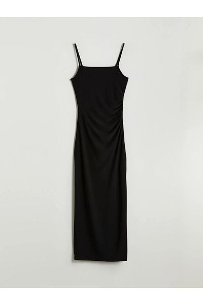 LC Waikiki Xside Black Square Neck Strap Shirred Dress