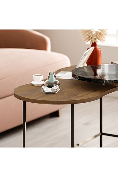 Mourah Home طاولة قهوة موراه هوم - طاولتان متداخلتان بأرجل معدنية - رخام بني/أسود مطفي