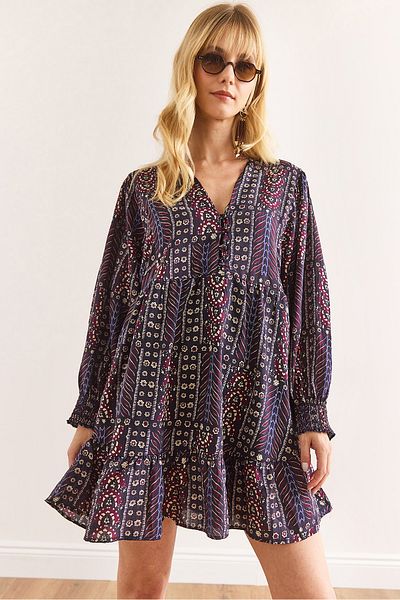 Olalook Women's Multicolor V-Neck Modal Content Mini Dress Elb-19002411