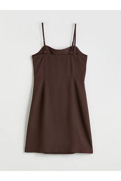 LC Waikiki Xside Brown Heart Neck Strap Linen Blended Mini Dress