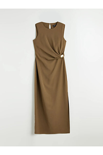 LC Waikiki LCW Vision Haki Bisiklet Yaka Büzgülü Krep Elbise