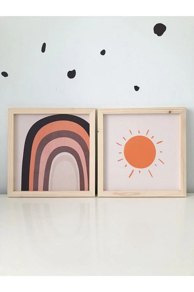 NT Handmade Sun and Rainbow Wall Decor with Natural Wood Edges Painting Set for Salon Living Bed Children's Room